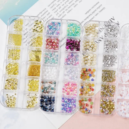 12 grids/box Nail Art Decorations Nail Rhinestones Mixed Colors AB Crystal Strass 3D Charm Gems, mix Pearls,Rivet,Shells shards,Shapes,Nails Tips