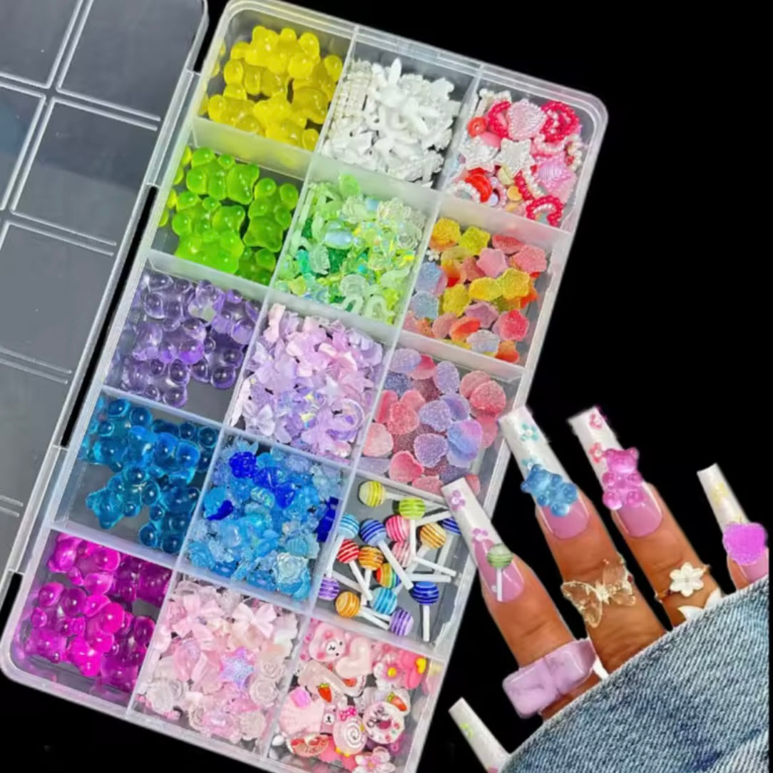 1Box Resin Nail Charms 3D Cute Bear Lollipop Candy Jewelry For Girls Nail Art Decoration Kawaii Accessories DIY Mnaicure Design