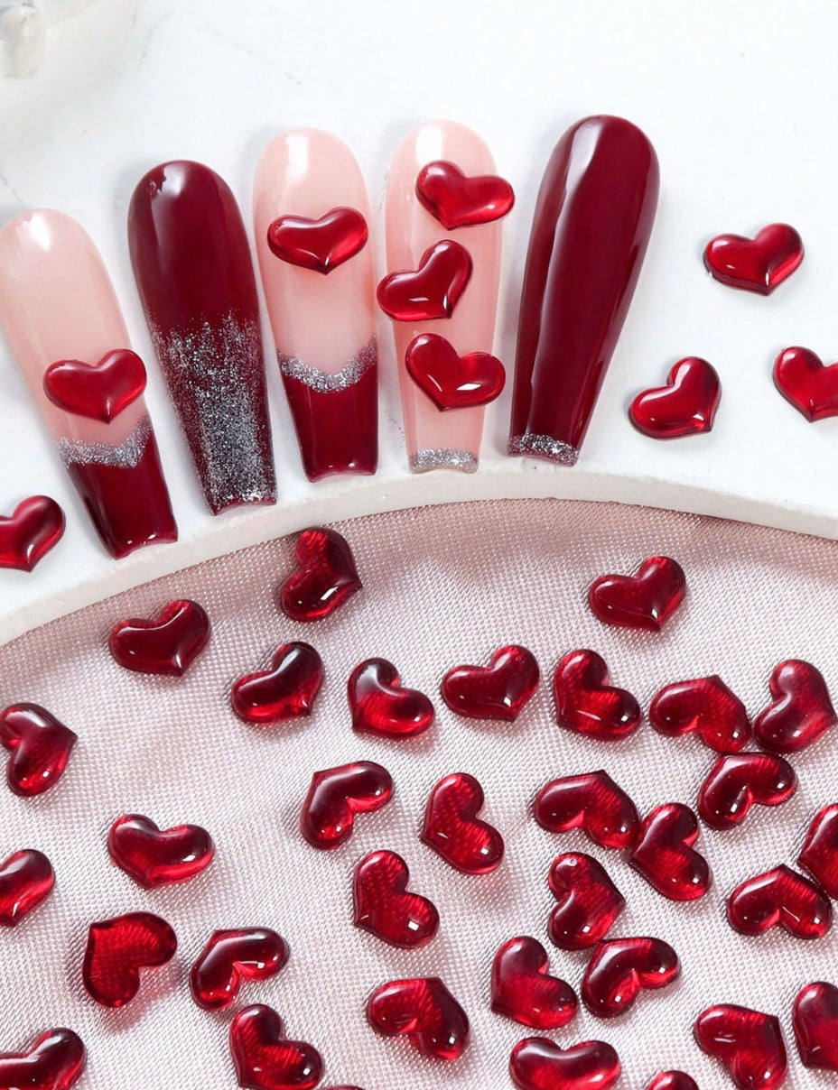 30pcs Mini Heart Nail Charms Cute Sweetheart Burgundy Nail Parts For DIY Valentine's Day Design Nails