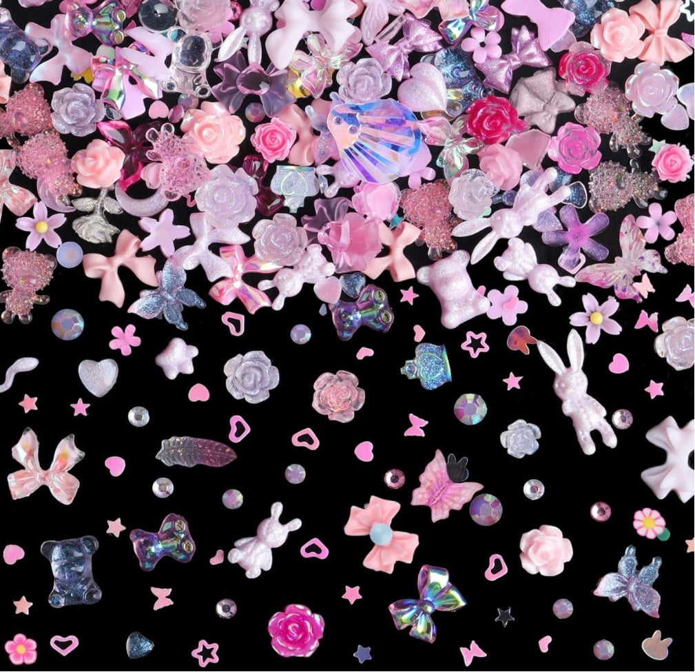 50pcs Nail Art Charms Kit, 100pcs Resin y2k Nail Charms with 100 pcs Mixed Flatback Nail Rhinestones Pearls and 100pcs Nail Glitter Sequins for Nails DIY Manicure Supplies Accessories