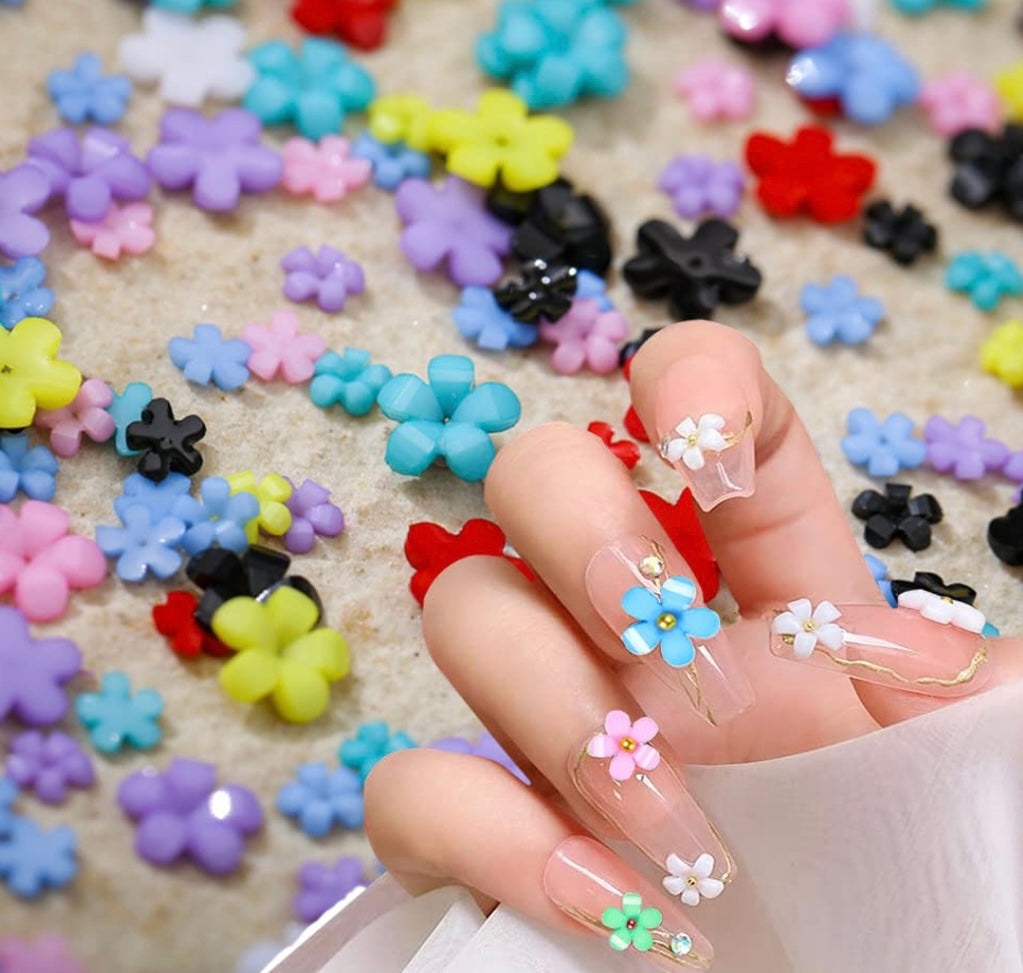 Flower Nail Charms 3D Flowers and Metal Caviar Beads Nail Art Decoration Five Petal Flower Pearl Acrylic Nail Art Stud Accessories for Women Girls DIY Manicures Crafting Decoration