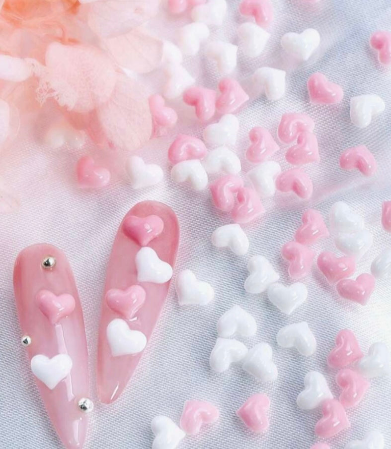 100pcs Mini Heart Nail Charms Cute Sweetheart White Pink Mixed Nail