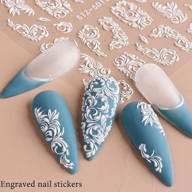 5D Nail Stickers White Wedding Nail Art Decoration Engraved Lace Monogram Decals French Manicure (5D-K019)