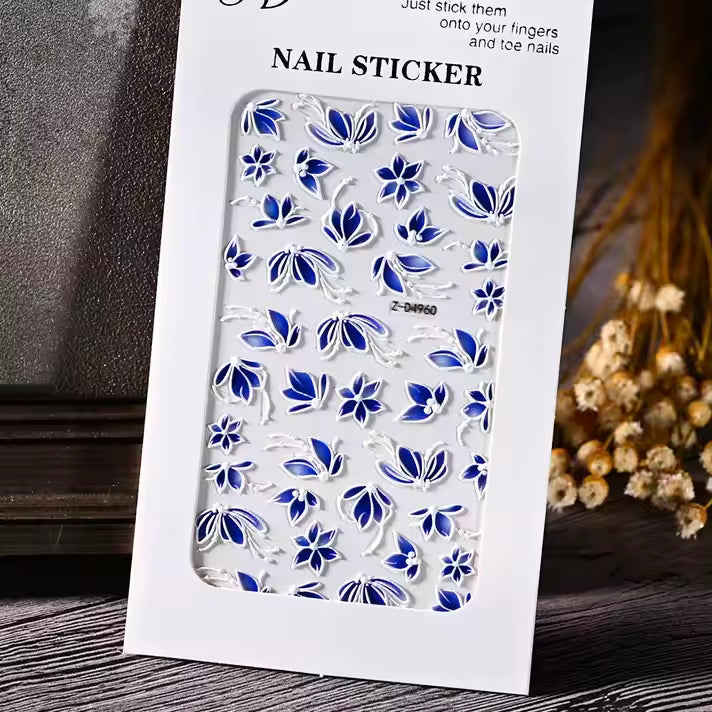 5D Blue Floral Nail Stickers | Embossed Acrylic Decals for Manicures (Z-D4960)