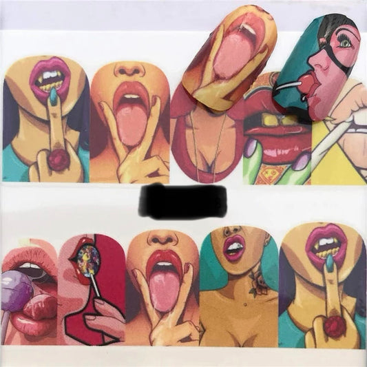 Nail Art Stickers Water Transfer Nail Decals for Nail Art, Sexy Lip Pop Star Nail Decals, Manicure Nail Wraps, Red Kiss Lips Sexy Girl Pattern Nail Sticker(BN-358)