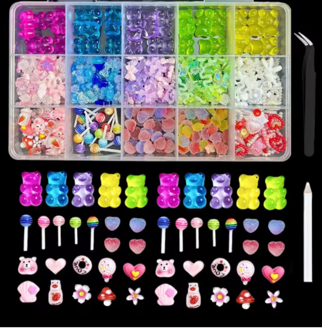 1Box Resin Nail Charms 3D Cute Bear Lollipop Candy Jewelry For Girls Nail Art Decoration Kawaii Accessories DIY Mnaicure Design