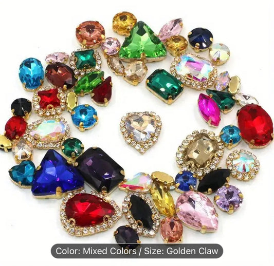 50pcs/set Vibrant Mixed Shape Sew-On Glass Rhinestones gold mix color