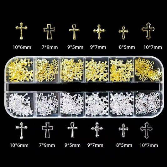 12 Grids Nail Charm 3D Cross Gold and Silver