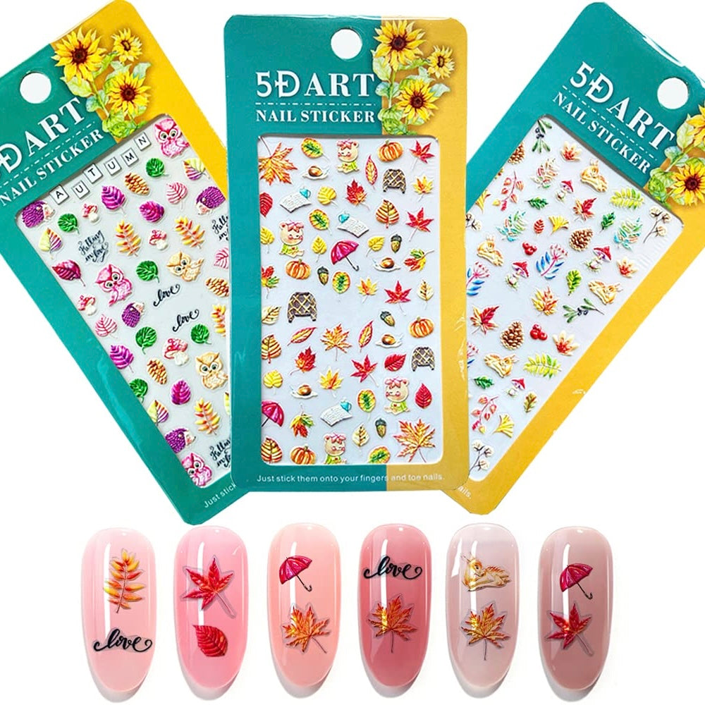 Fall Maple Nail Art Stickers Decals Autumn Nail Supplies 5D Stereoscopic Embossed Yellow Leaves Flowers Fruit Harvest Season Nail Design Self-Adhesive Charms Nail Decoration for Acrylic Nail(5D-K092)