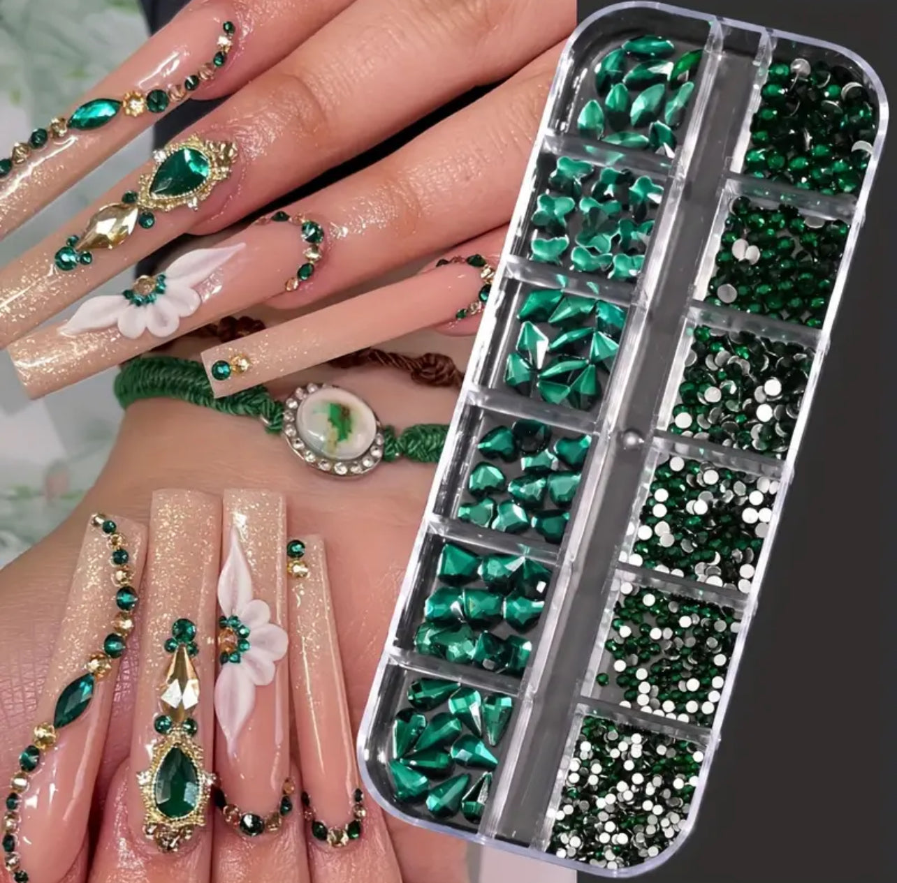 1000+ Pieces 12-Grid Nail Art Rhinestone Set - Vibrant 3D glass green color