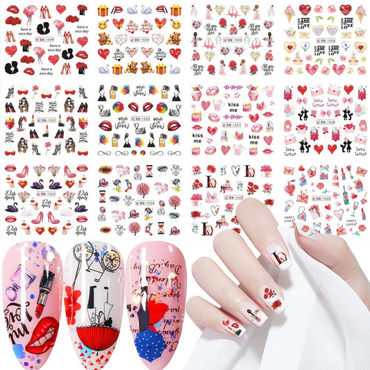 Heart Nail Art Stickers Decal,Nail Foil Water Transfer Decals Nail Art Supplies Sexy Red Lip Romantic Rose Flower Valentine's Day Design Stickers for Woman Girls Manicure Foil Nail Art Decoration12pcs