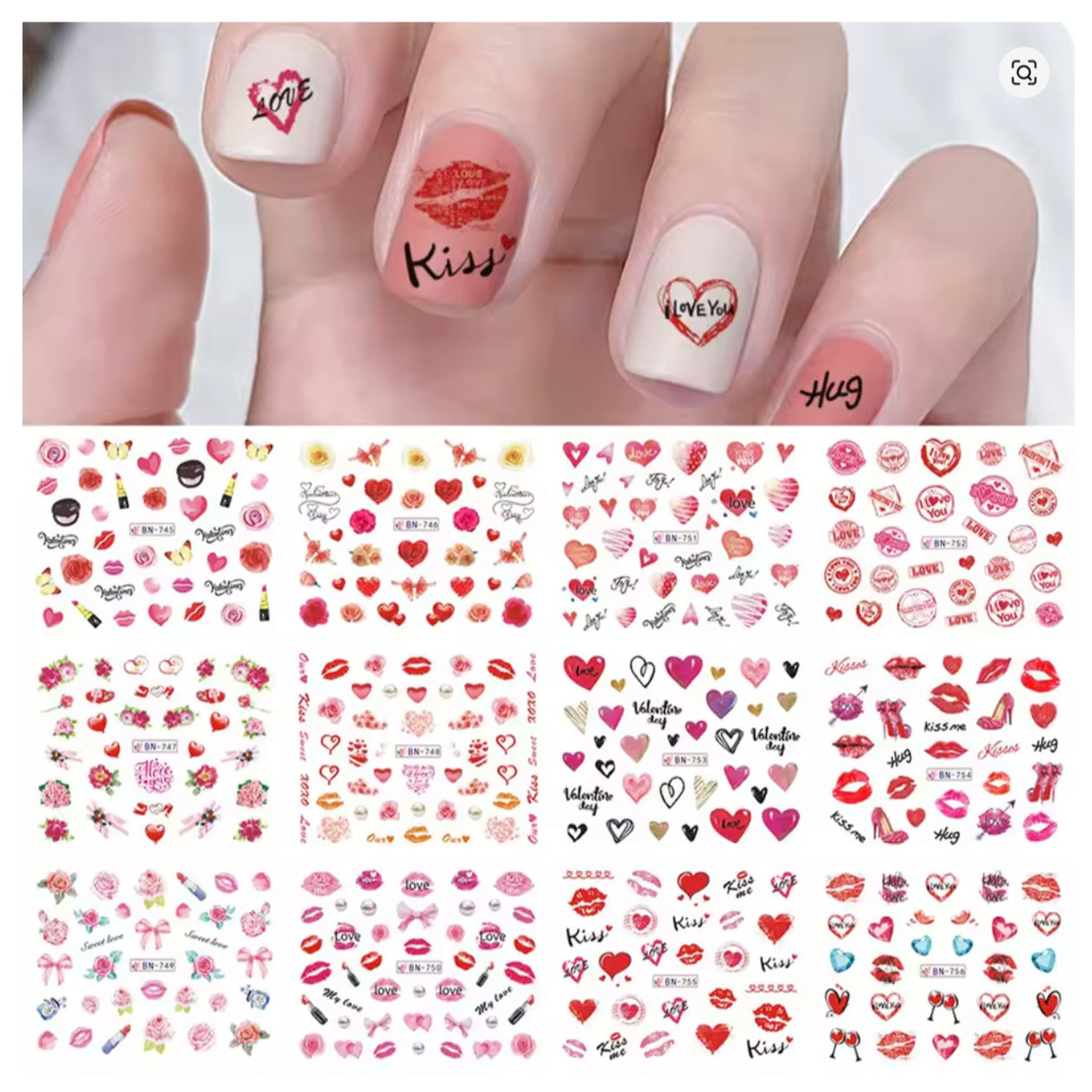 Valentines Heart Letter Flower Sliders Nail Stickers Romantic Manicuring Nail Art Decoration Water Decals Sticker Tips (12pcs)