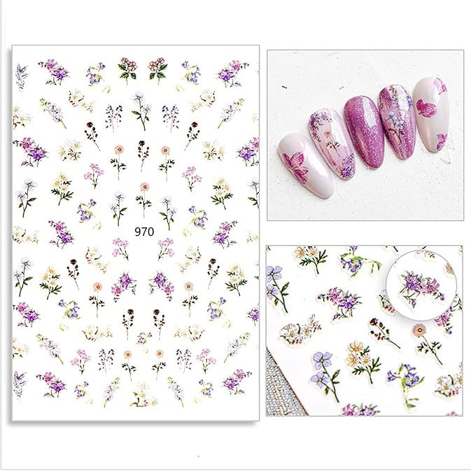 Flower Nail Stickers Set, Nail Art Decals with Different Flower Designs for DIY Fashion Simple Nail Art Decoration, Self-adhesive Rose Mimosa Lilac 3D Nail Art Stickers Acrylic Nail Supplies(970)