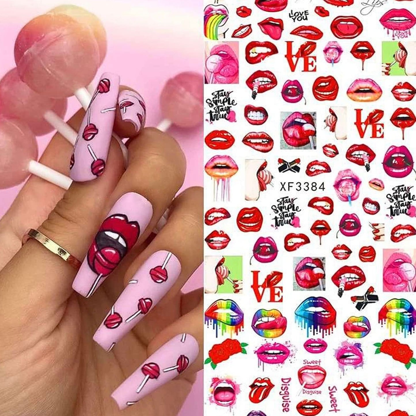 Bad Girl Nail Art Stickers Decals Nail Art Supplies Valentines Day 3D Self-Adhesive Nail Decorations Accessories Fashion Manicure Designs Sexy Lips Cool Girl Self Adhesive(Z-D5285)