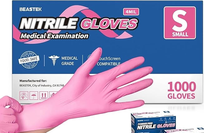 Powder-Free Nitrile Exam Gloves, 4.5 Mil, 100 Count, Pink, Food-Safe Disposable Gloves for Medical, Cooking, Cleaning (Small)