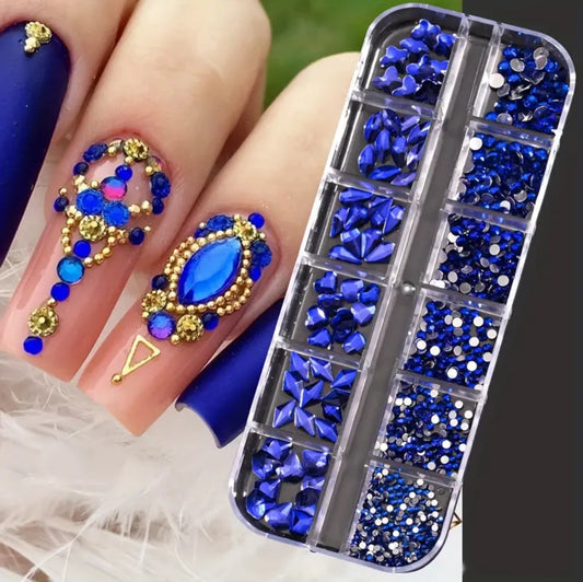 1000+ Pieces 12-Grid Nail Art Rhinestone Set - Vibrant 3D Glass blue color