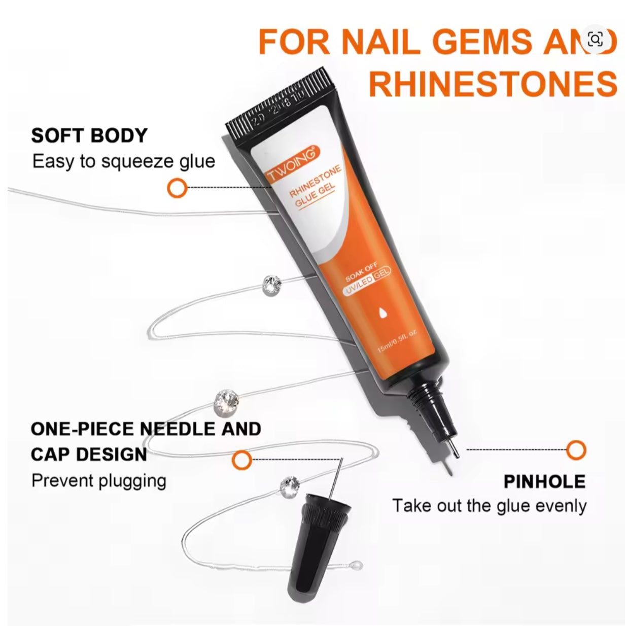 TWOING 15ml Nail Rhinestone Glue Gel Nail Glue for Nail Charm 3D Nails Bling Gel for Decoration Nails Gems Nail supplies