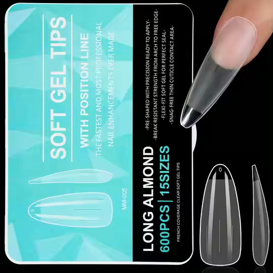 Long Almond Full Half Cover Clear Acrylic False Nails Square Pattern ABS Material Soft Gel Tips for Fingers 600pcs