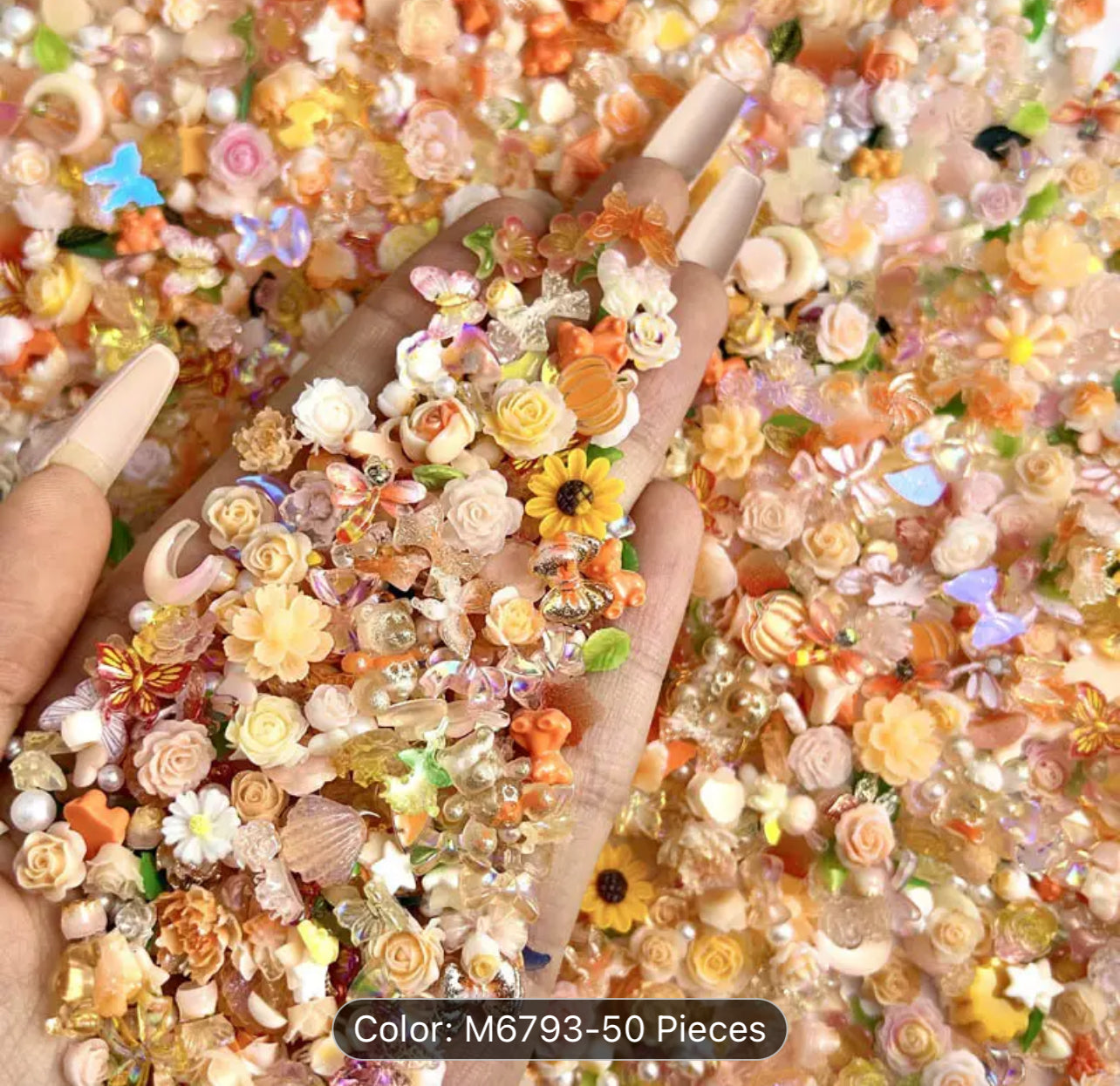 50pcs Delightful Nail Art Accessories Kit - Rose Flower Charms, Small Floral Buds, Pearls, Bowknots, Leaves Embellishments