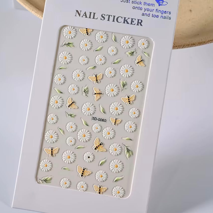 Daisy Nail Stickers Micro-carving Flower Nail Stickers Small Daisies Bees Flower Nail Decals for Nail Art Supplies Daisy Flowers Nail Art Stickers Floral Stickers for Nails DIY(Z-D4955)