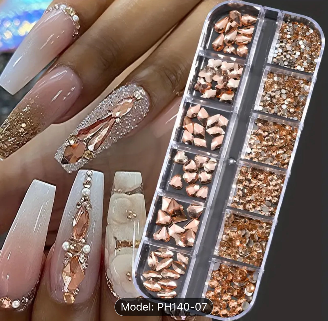 1000+ Pieces 12-Grid Nail Art Rhinestone Set - Vibrant 3D glass rose color