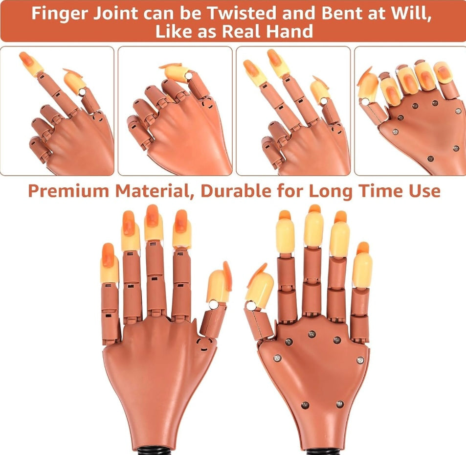 Practice Hand for Acrylic Nails,100 Pcs Nail Tips Flexible Training Hand Professional Nail Art Hand Tools Adjustable False Finger Nails for DIY Nail Manicure
