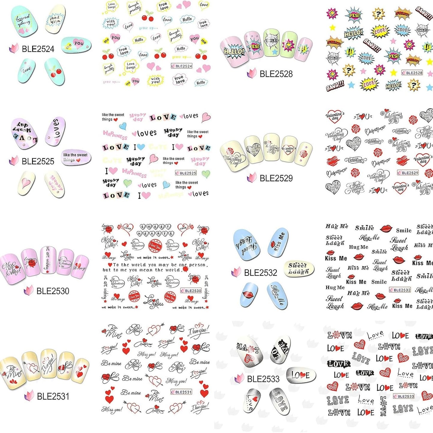 Valentine's Day Nail Art Stickers Water Transfer Colorful Love Heart Sexy Lips Word Kiss Hug Nail Sliders Design For Women Girls Dating Nail Supplies Beauty Accessories 11 Sheets