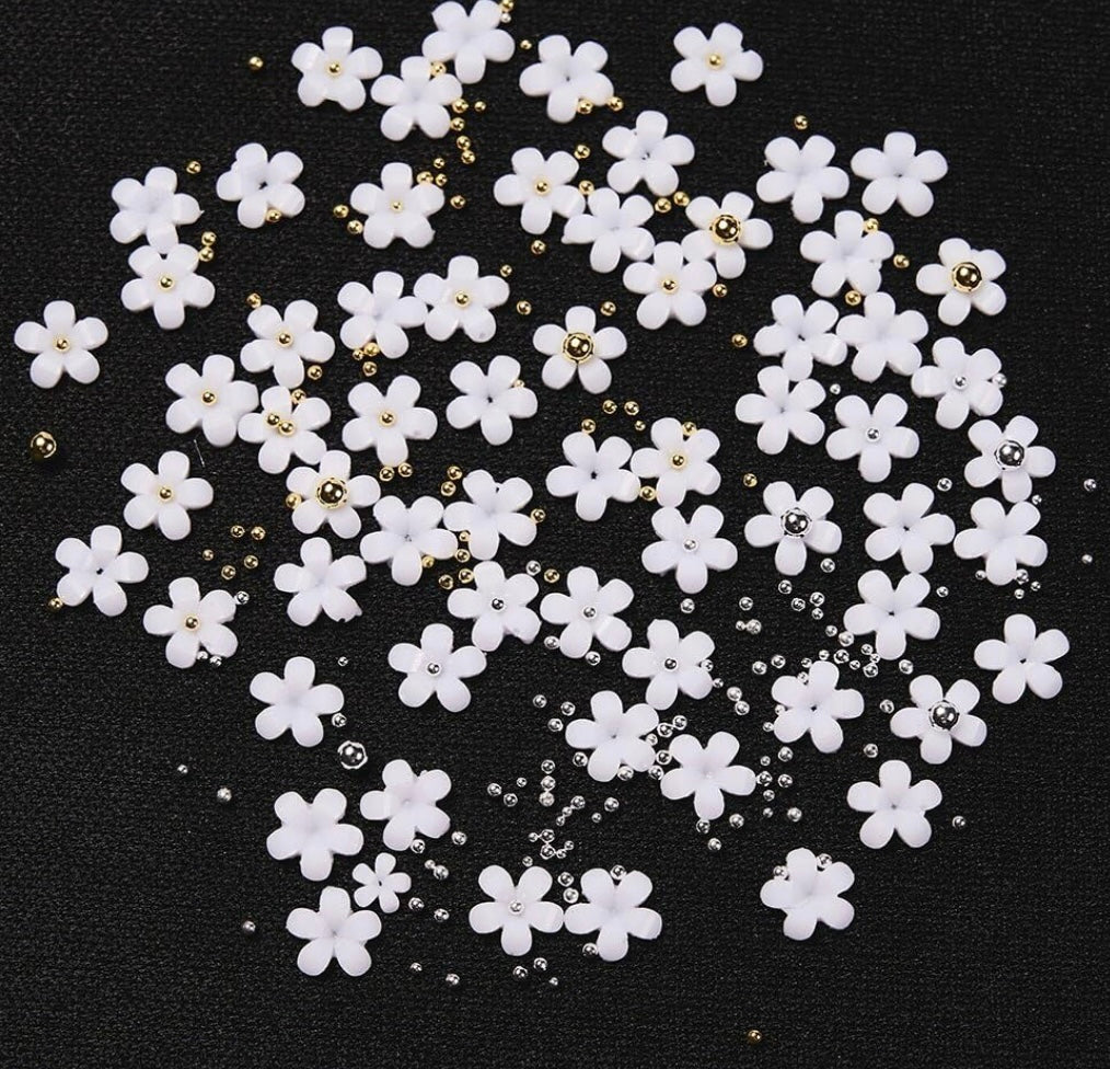Bolt bee 6 Grid Flowers Acrylic Nails 3D Floral Nail Charms Glitter White Flower with Gold Silver Nail Ball Beads and Beads Resin Flowers for Nail Art Decoration & DIY Crafting Design