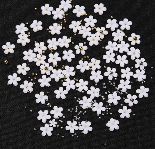 Bolt bee 6 Grid Flowers Acrylic Nails 3D Floral Nail Charms Glitter White Flower with Gold Silver Nail Ball Beads and Beads Resin Flowers for Nail Art Decoration & DIY Crafting Design
