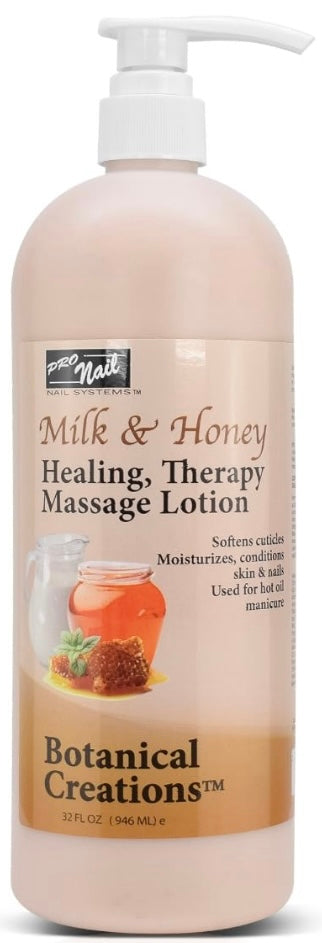 PRO NAIL - Healing Therapy Massage Lotion - Professional Pedicure, Body and Hot Oil Manicure, Infused with Natural Oils, Vitamins, Panthenol and Amino Acids (Milk and Honey, 32 Ounce)