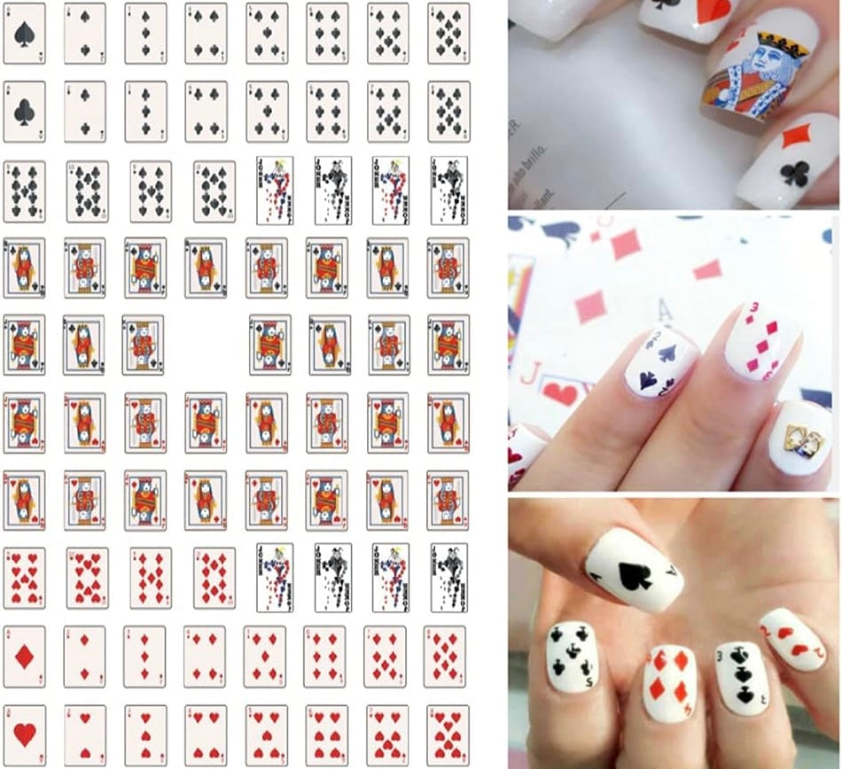 Poker Nail Art Stickers Decals 3D Card Nail Art Supplies Fashion Playing Cards Designer Nail Sticker Red Heart Diamond Spades Geometric Letter Nail Designs