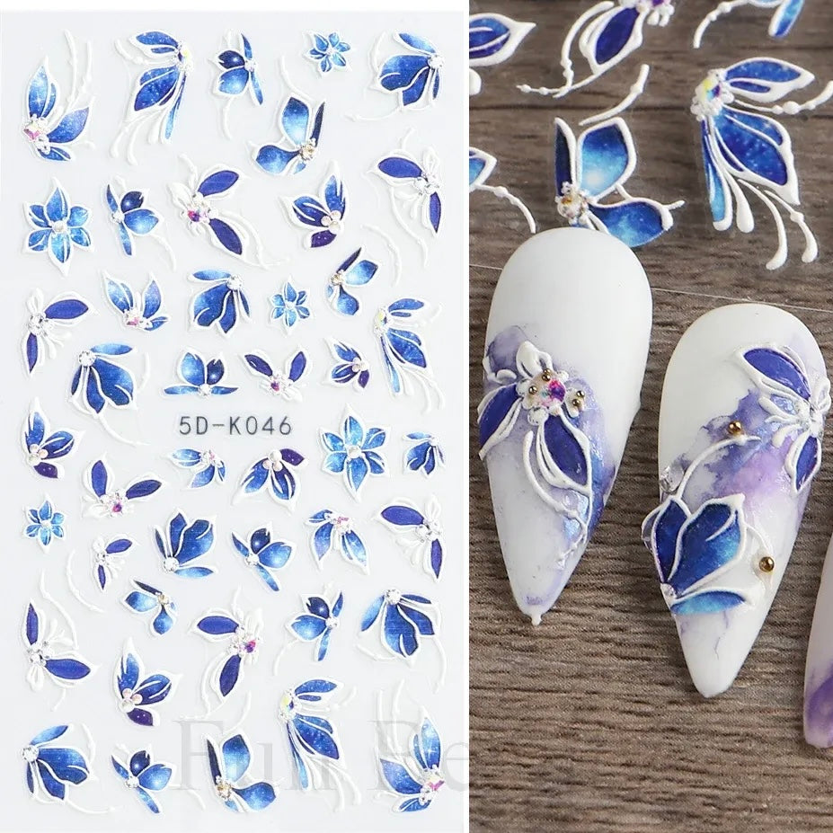 5D Blue Floral Nail Stickers | Embossed Acrylic Decals for Manicures (Z-D4960)
