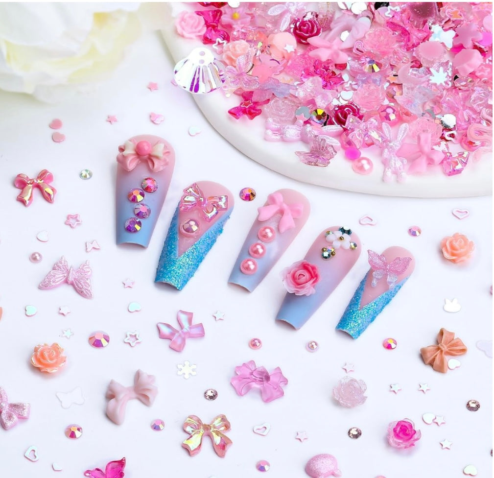 50pcs Nail Art Charms Kit, 100pcs Resin y2k Nail Charms with 100 pcs Mixed Flatback Nail Rhinestones Pearls and 100pcs Nail Glitter Sequins for Nails DIY Manicure Supplies Accessories