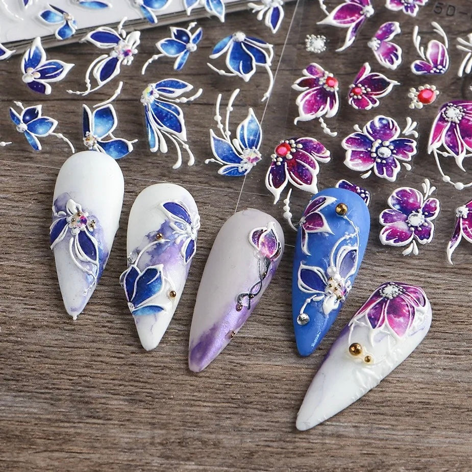 5D Purple Floral Nail Stickers | Embossed Acrylic Decals for Manicures (Z-D4962)
