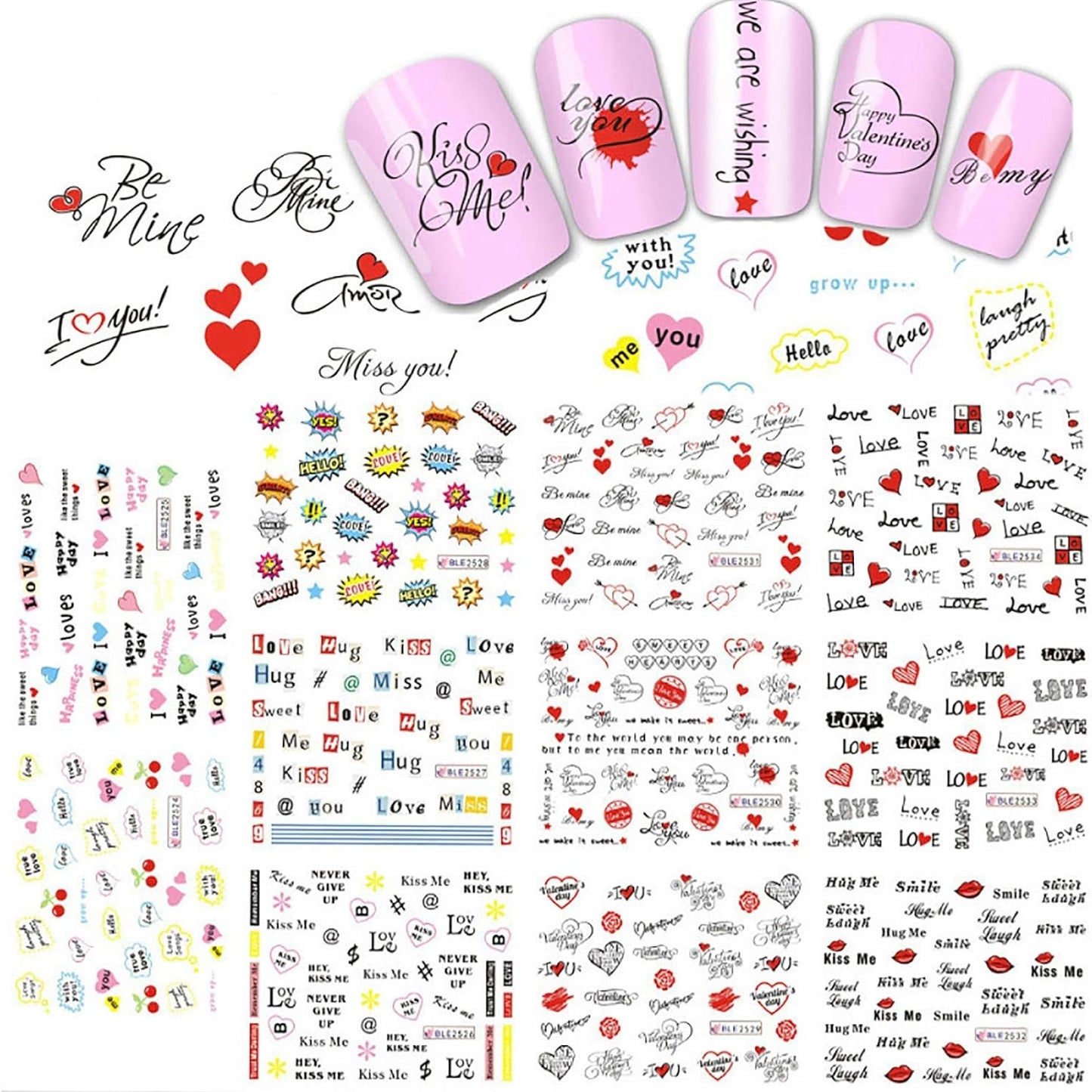 Valentine's Day Nail Art Stickers Water Transfer Colorful Love Heart Sexy Lips Word Kiss Hug Nail Sliders Design For Women Girls Dating Nail Supplies Beauty Accessories 11 Sheets