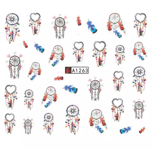 Nail Art Decals Water Transfer Nail Decals - Dream Catchers with feathers and Hearts (1 Pcs)(A-1263)