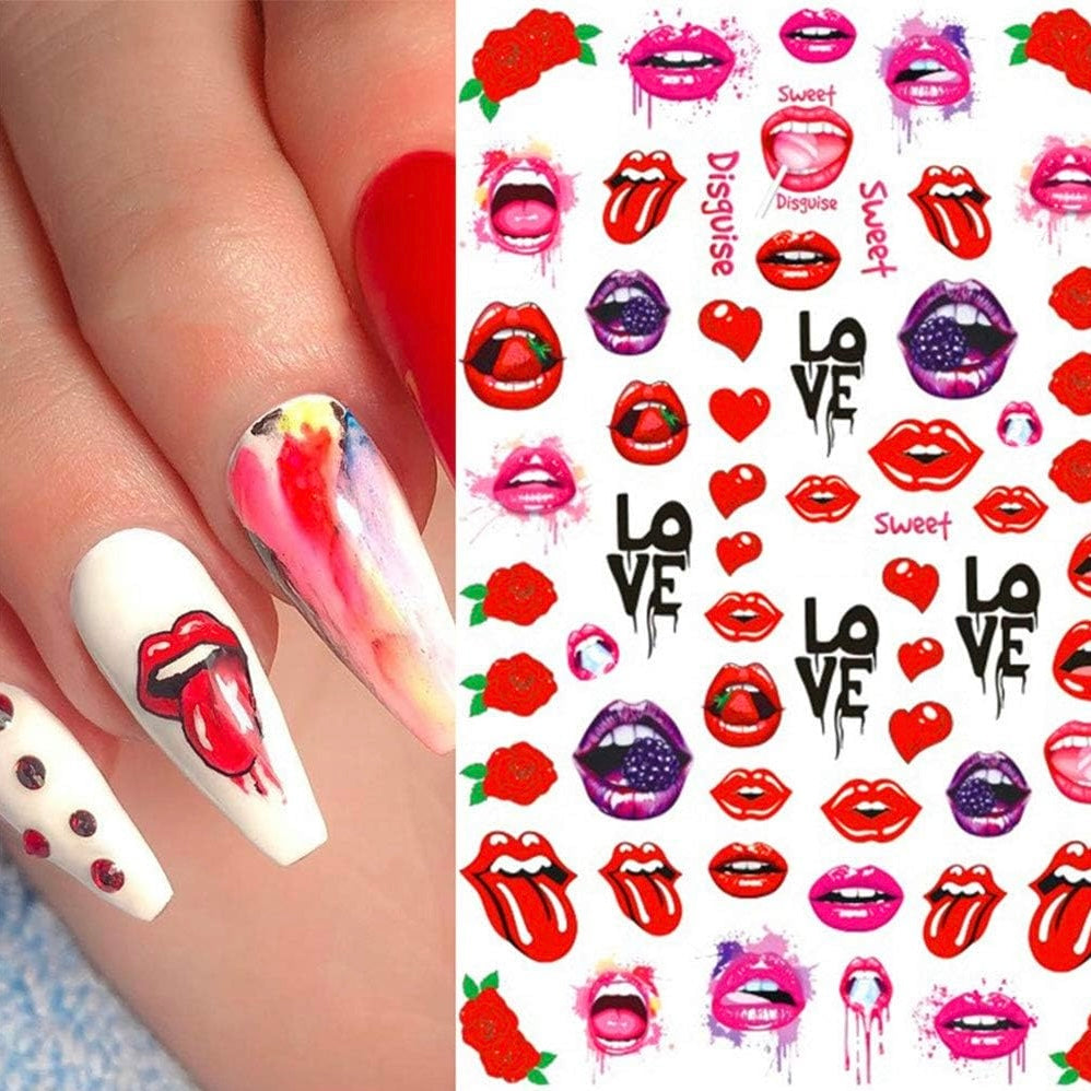 Bad Girl Nail Art Stickers Decals Nail Art Supplies Valentines Day 3D Self-Adhesive Nail Decorations Accessories Fashion Manicure Designs Sexy Lips Cool Girl Self Adhesive(Z-D5283)