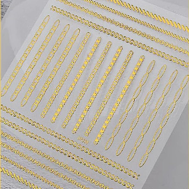 Gold Chains Nail Art Adhesive Stickers, 3D Metallic Chains Line Triangle Heart Circle Shape Nail Decoration, Holographic Glitter for Women Manicure Tips(DP-338)