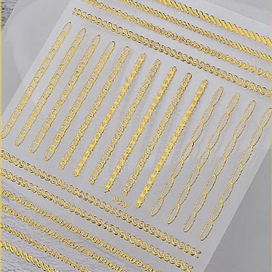 Gold Chains Nail Art Adhesive Stickers, 3D Metallic Chains Line Triangle Heart Circle Shape Nail Decoration, Holographic Glitter for Women Manicure Tips(DP-338)