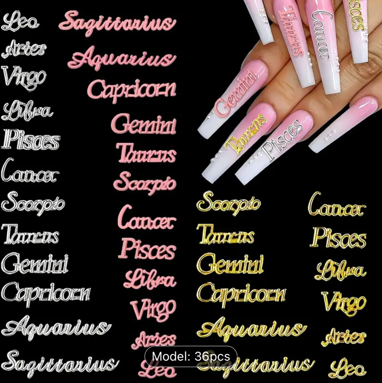 36pcs 3D Zodiac Nail Charms Set - Golden, Silvery & Pink Constellation Letter Studs with Alloy Hollow Design for Acrylic Nails