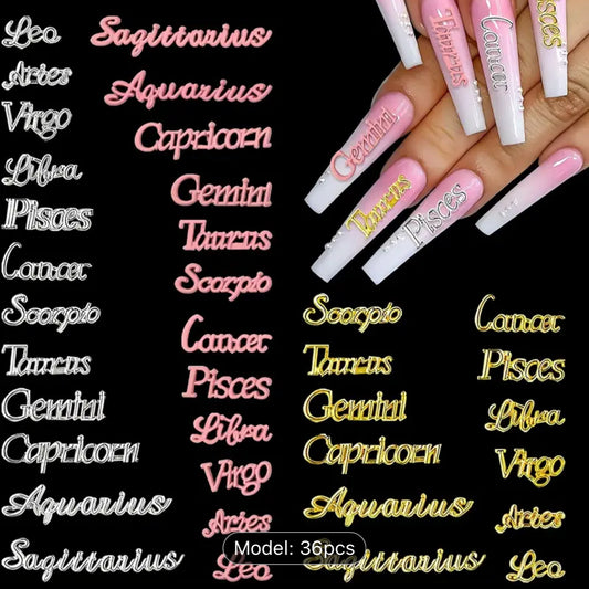 36pcs 3D Zodiac Nail Charms Set - Golden, Silvery & Pink Constellation Letter Studs with Alloy Hollow Design for Acrylic Nails