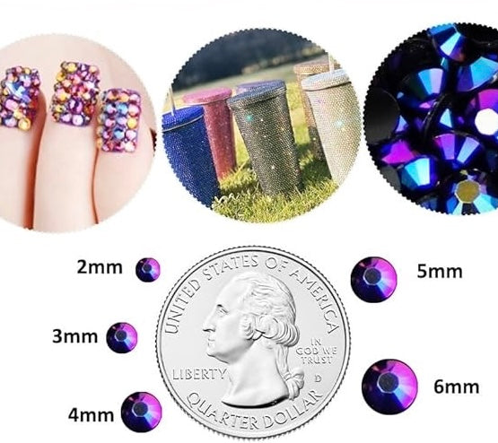 Rhinestones Flatback for Bedazzling,Small to Big Rhinestones Diamonds Kit, Flat Back Crystals Gems for Nail Art and Crafts, Clothes (Dark Purple)