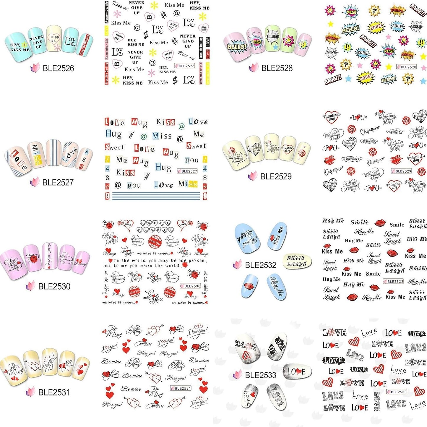 Valentine's Day Nail Art Stickers Water Transfer Colorful Love Heart Sexy Lips Word Kiss Hug Nail Sliders Design For Women Girls Dating Nail Supplies Beauty Accessories 11 Sheets