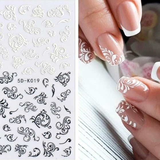5D Nail Stickers White Wedding Nail Art Decoration Engraved Lace Monogram Decals French Manicure (5D-K019)