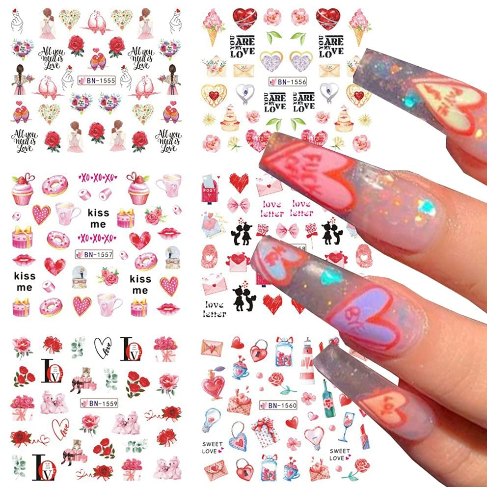 Heart Nail Art Stickers Decal,Nail Foil Water Transfer Decals Nail Art Supplies Sexy Red Lip Romantic Rose Flower Valentine's Day Design Stickers for Woman Girls Manicure Foil Nail Art Decoration12pcs
