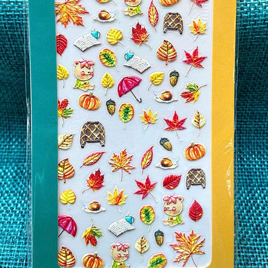 Fall Maple Nail Art Stickers Decals Autumn Nail Supplies 5D Stereoscopic Embossed Yellow Leaves Flowers Fruit Harvest Season Nail Design Self-Adhesive Charms Nail Decoration for Acrylic Nail (5D-K090)