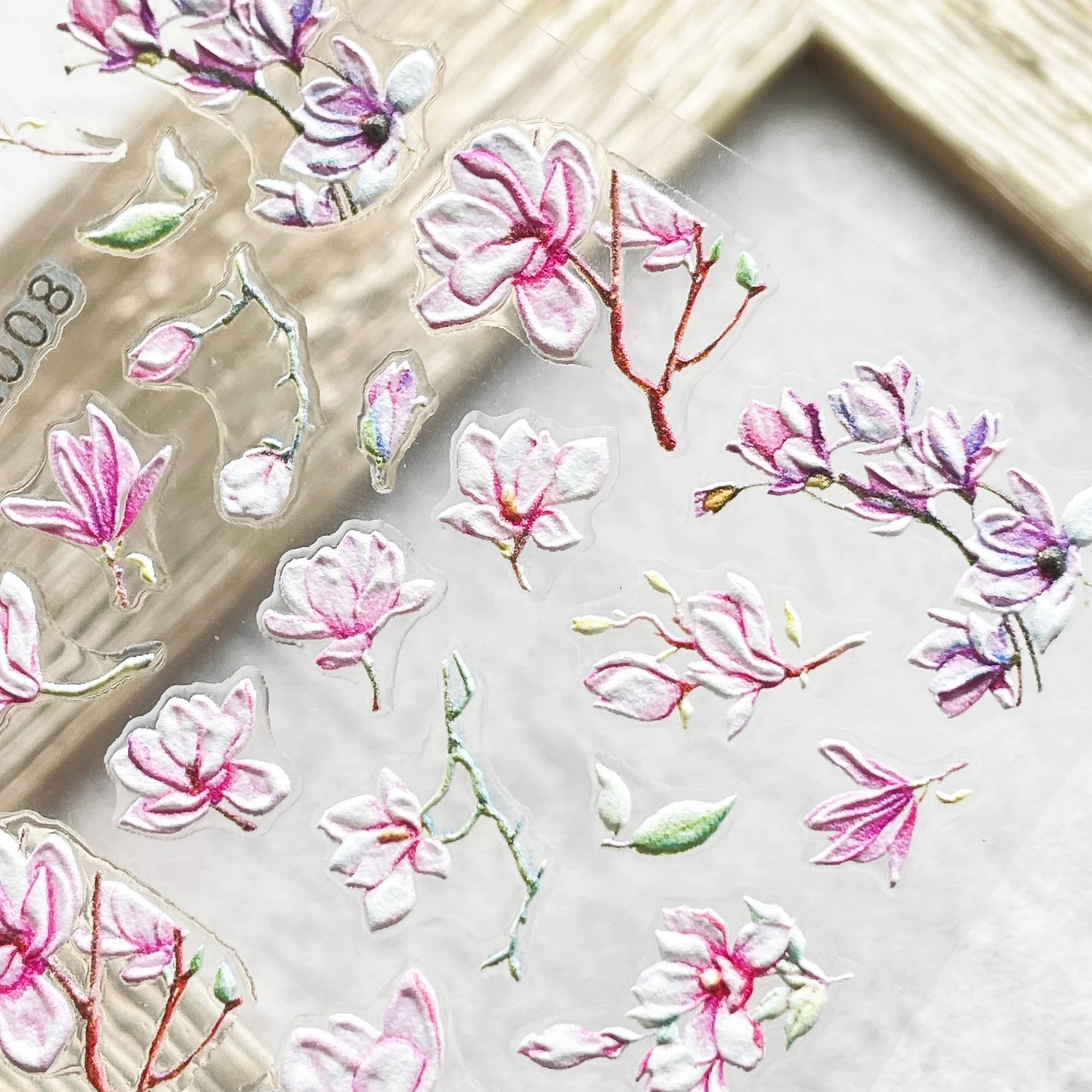 5D Pink Floral Stickers, Magnolia Flower Nail Decals, Self Adhesive Nail Art Design, DIY Nails, Hologram Nails (5D-K008)