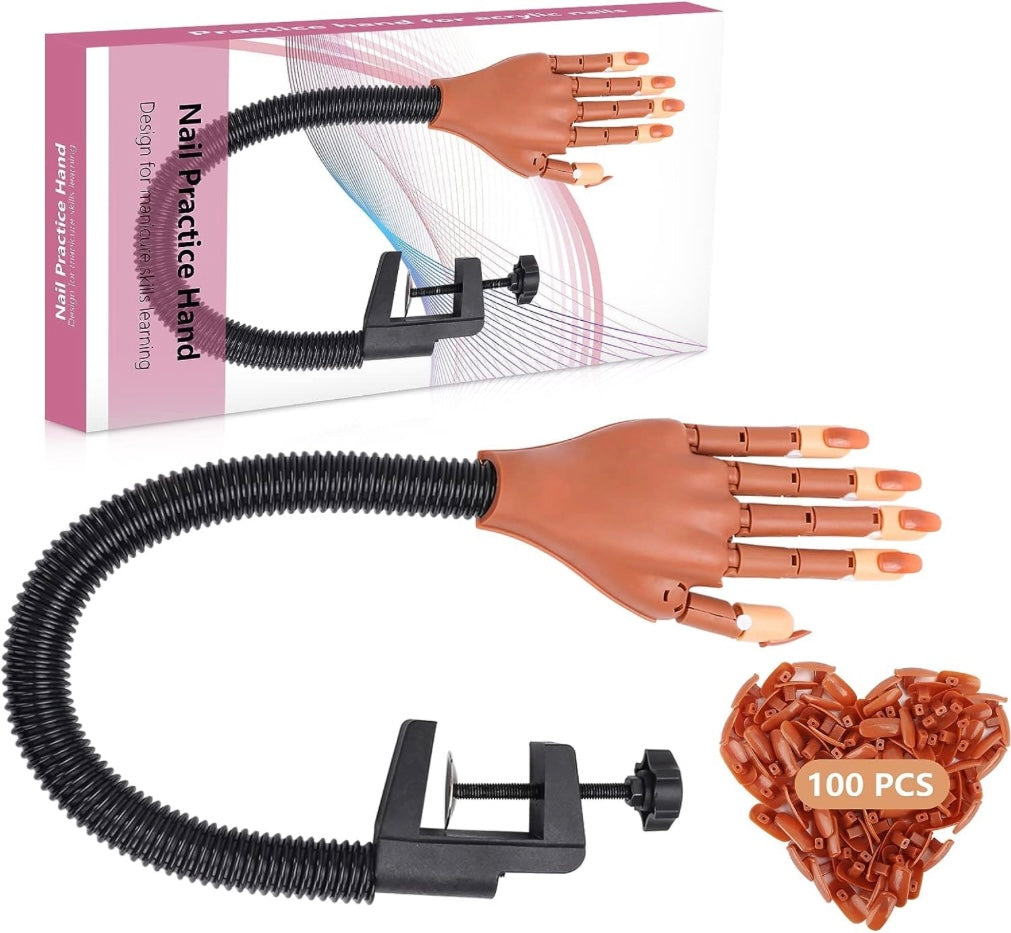 Practice Hand for Acrylic Nails,100 Pcs Nail Tips Flexible Training Hand Professional Nail Art Hand Tools Adjustable False Finger Nails for DIY Nail Manicure