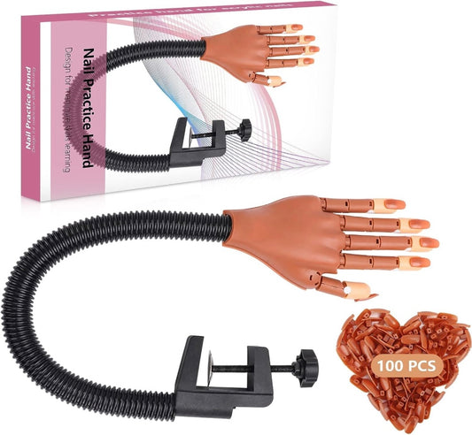 Practice Hand for Acrylic Nails,100 Pcs Nail Tips Flexible Training Hand Professional Nail Art Hand Tools Adjustable False Finger Nails for DIY Nail Manicure