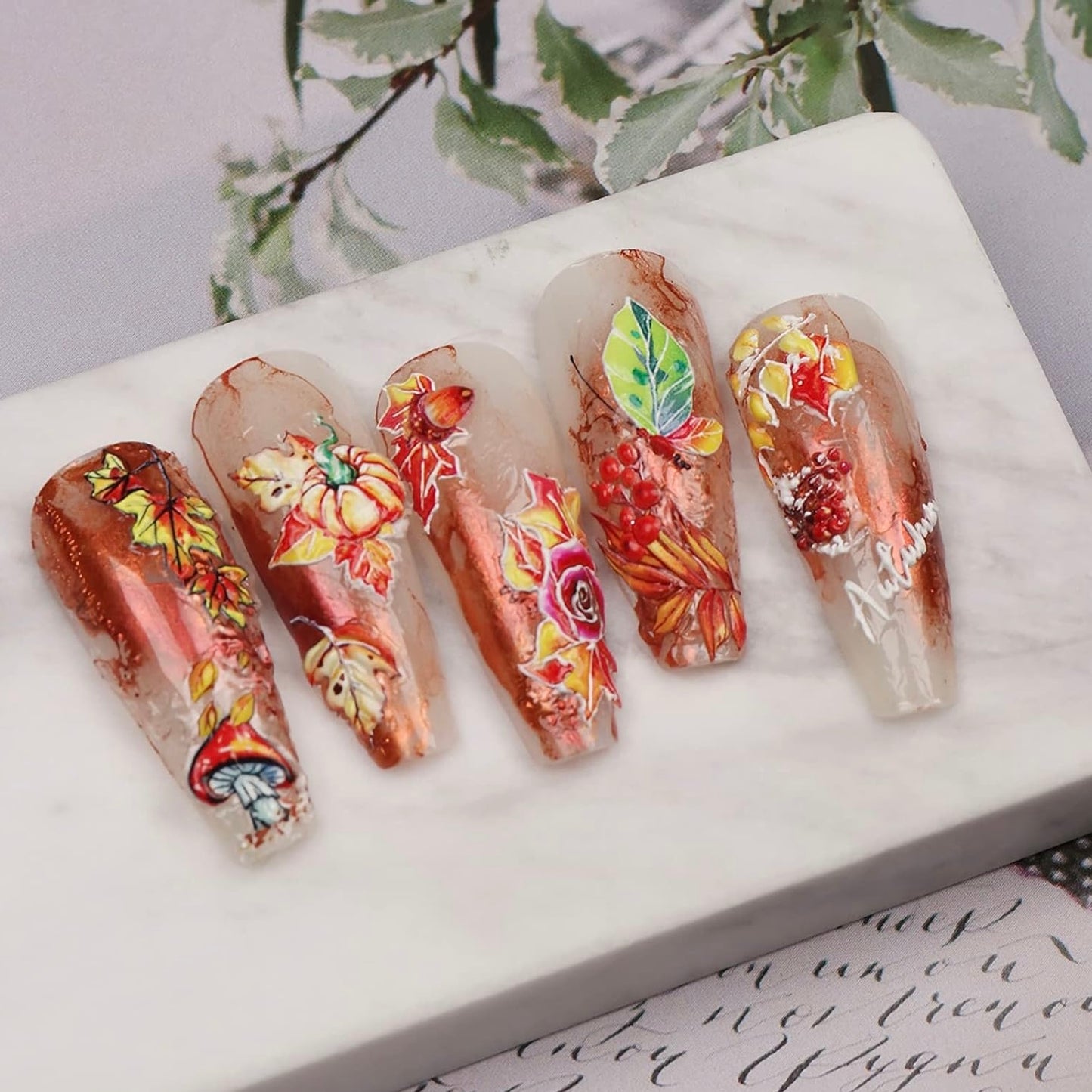 5D Fall Nail Stickers, Maple Leaves Nail Decals Embossed Autumn Nail Art Supplies Pumpkin Butterfly Rose Maple Leaf Nail Design Self Adhesive Nail Accessories Thanksgiving Day Nail Decoration (5D-K179)